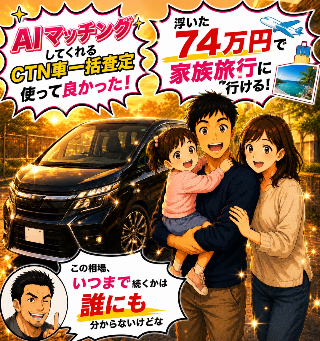 夕暮れの中で笑顔の家族と愛車